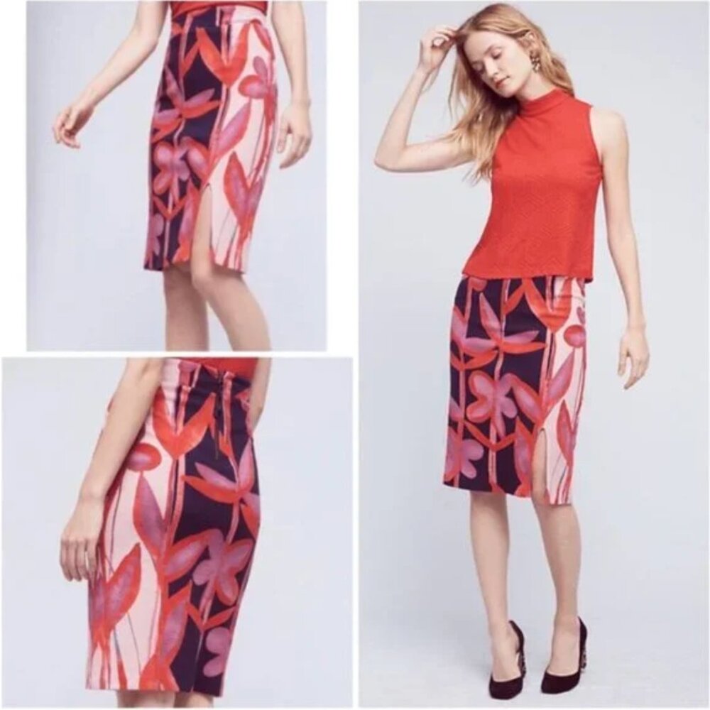 Anthropologie Maeve Red Pink lilac Floral Pencil Skirt large
